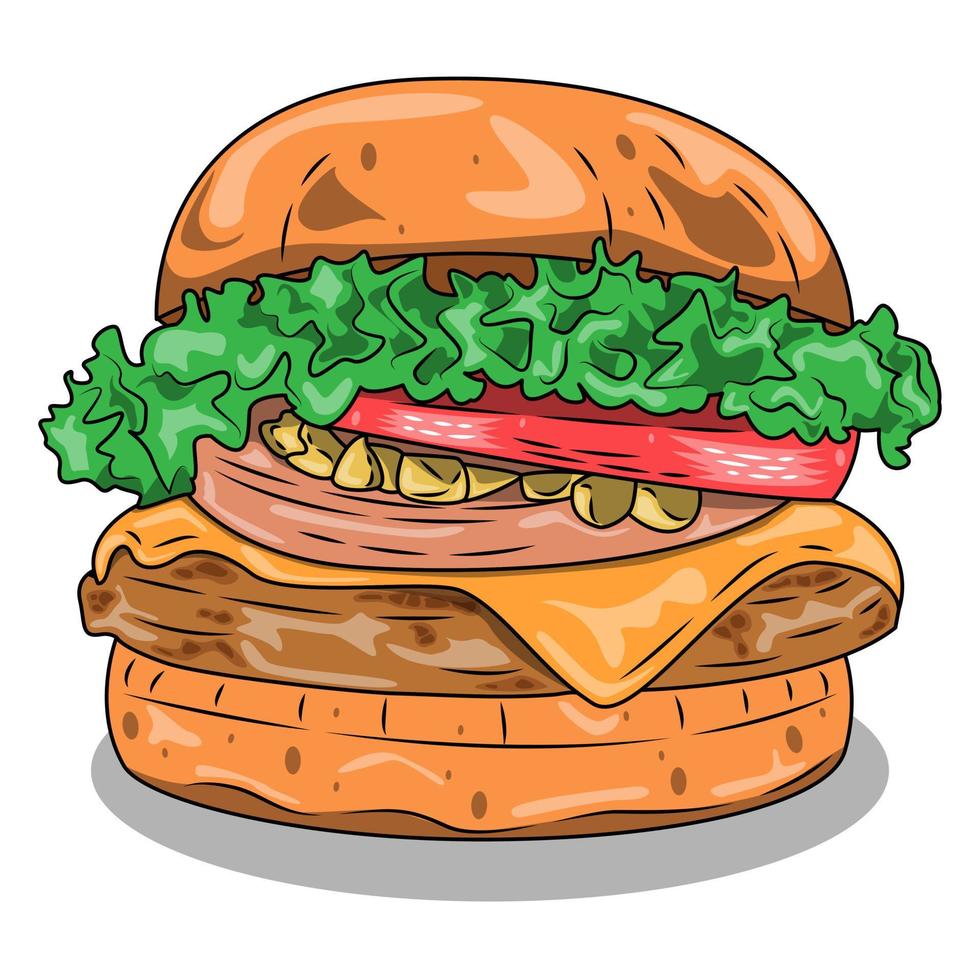 big burger, hamburger with filling complete with melted cheese, retro style sketch illustration vector