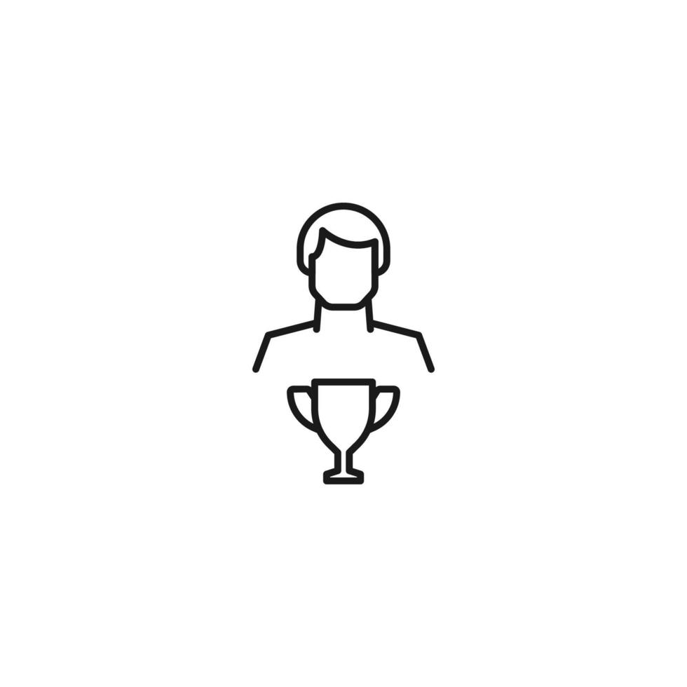 Monochrome sign drawn with black thin line. Modern vector symbol perfect for sites, apps, books, banners etc. Line icon of winner cup next to faceless man