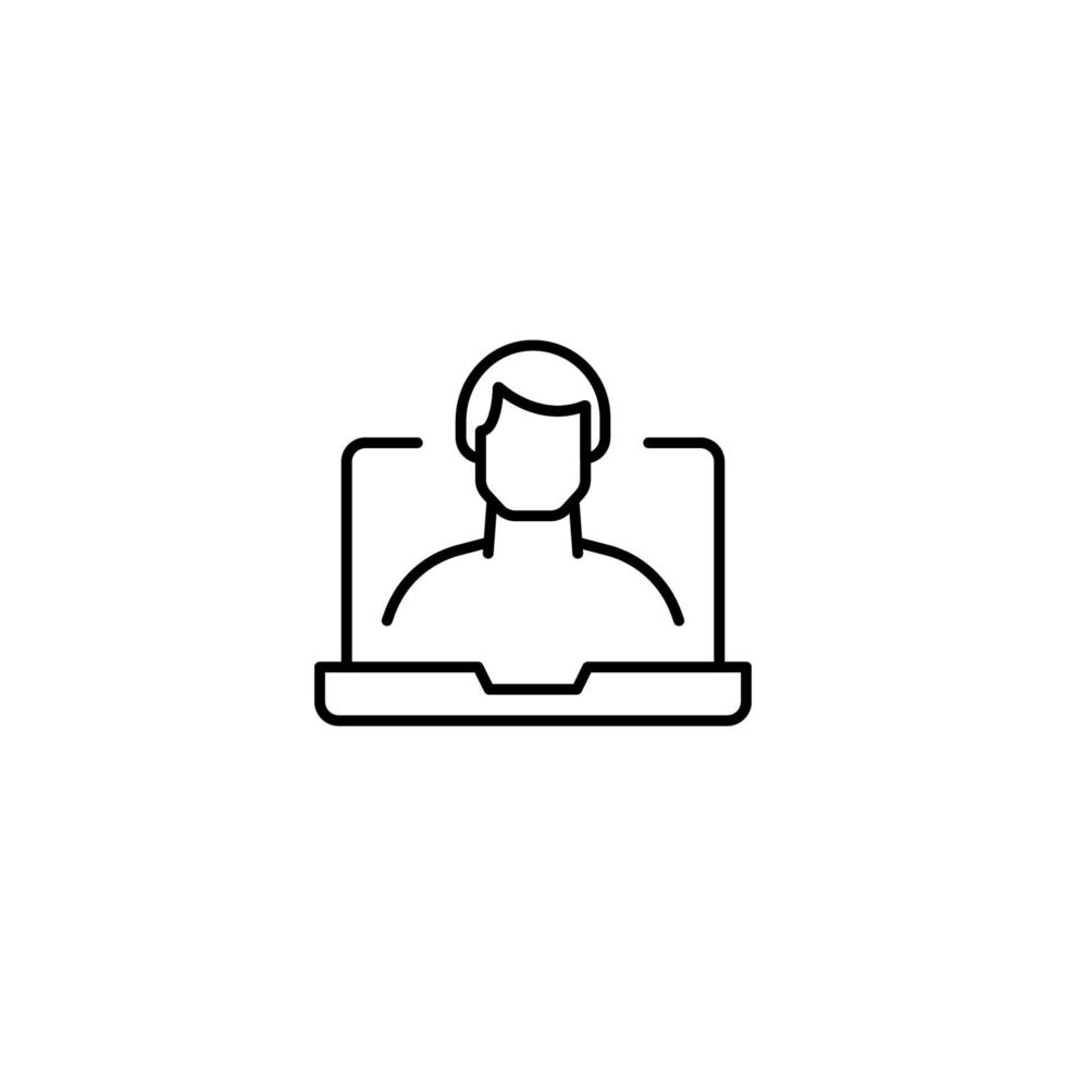 Simple black and white illustration drawn with thin line. Perfect for advertisement, internet shops, stores. Editable stroke. Vector line icon of faceless man laptop monitor