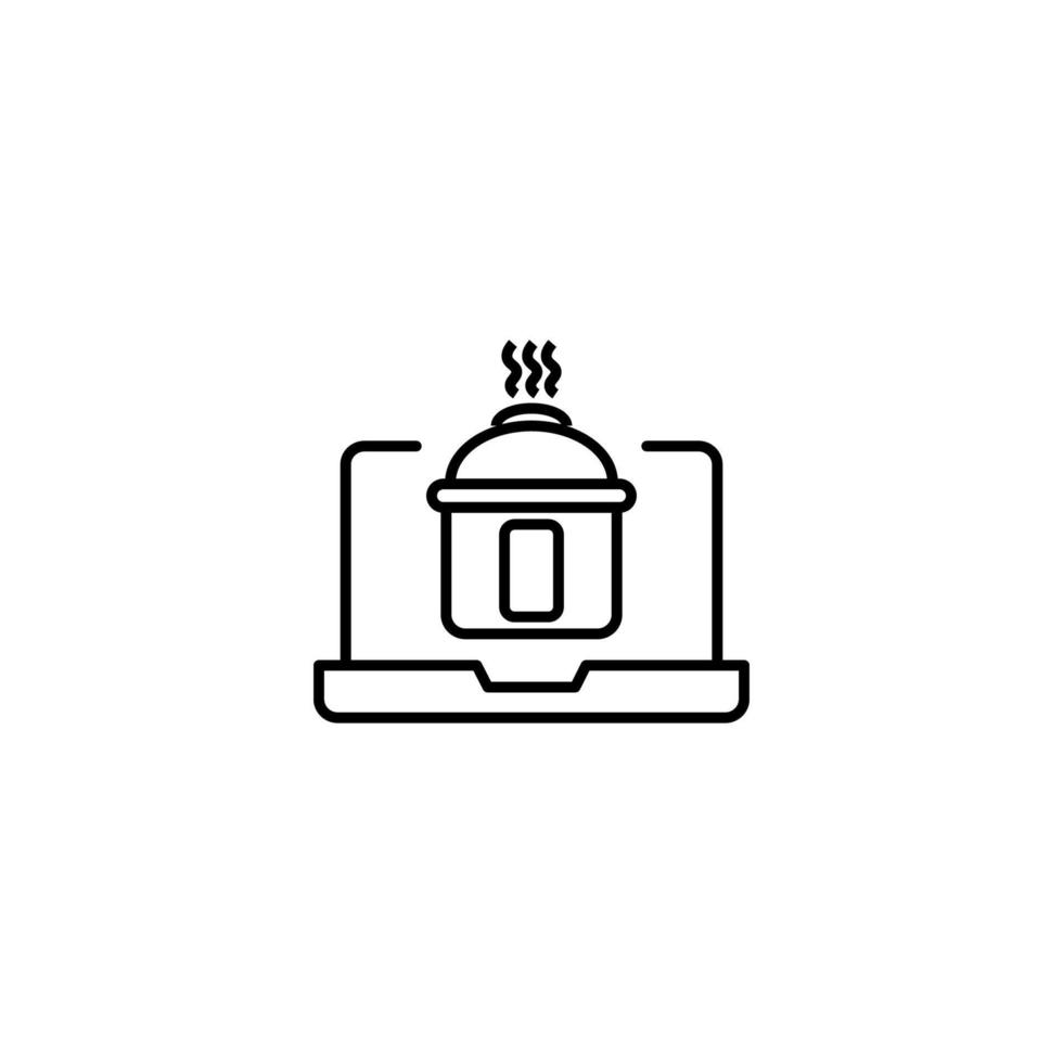 Simple black and white illustration drawn with thin line. Perfect for advertisement, internet shops, stores. Editable stroke. Vector line icon of multicooker on laptop monitor