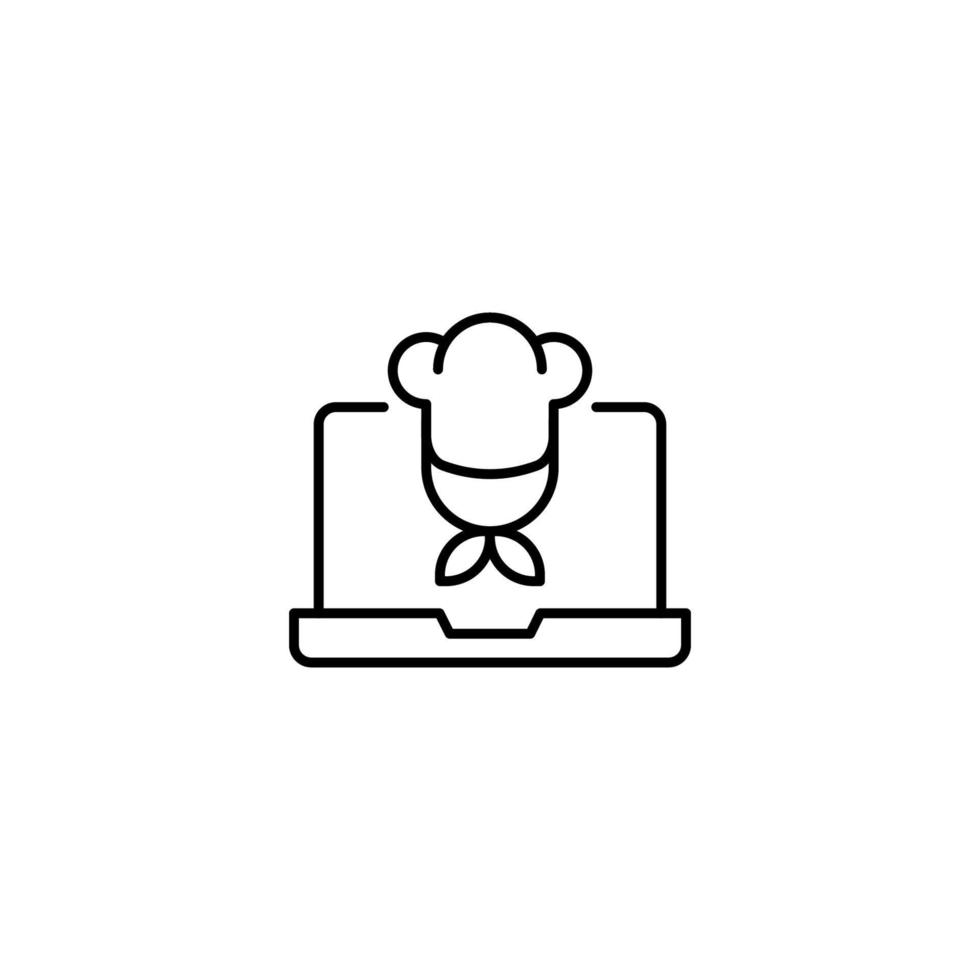 Simple black and white illustration drawn with thin line. Perfect for advertisement, internet shops, stores. Editable stroke. Vector line icon of chef on laptop monitor