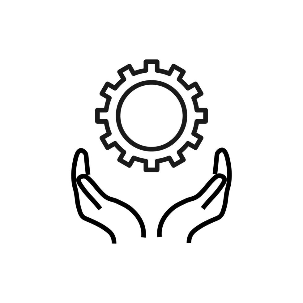 Support, present and charity concept. Modern vector sign drawn with black thin line. Editable stroke. Vector line icon of gear or cogwheel over outstretched hands