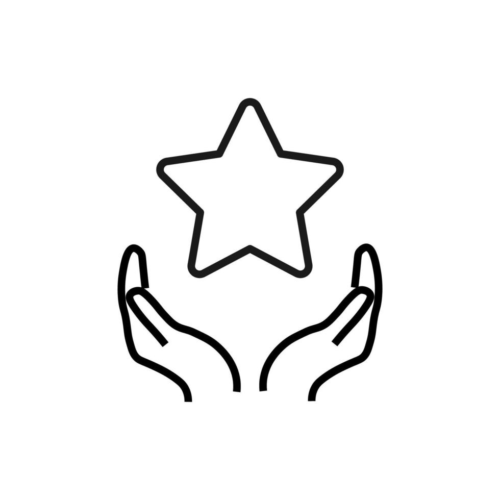 Support, present and charity concept. Modern vector sign drawn with black thin line. Editable stroke. Vector line icon of star over outstretched hands