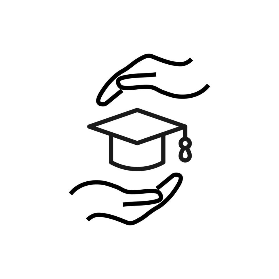 Support and gift signs. Minimalistic isolated vector image for web sites, shops, stores, adverts. Editable stroke. Vector line icon of academic square cap between outstretched hands
