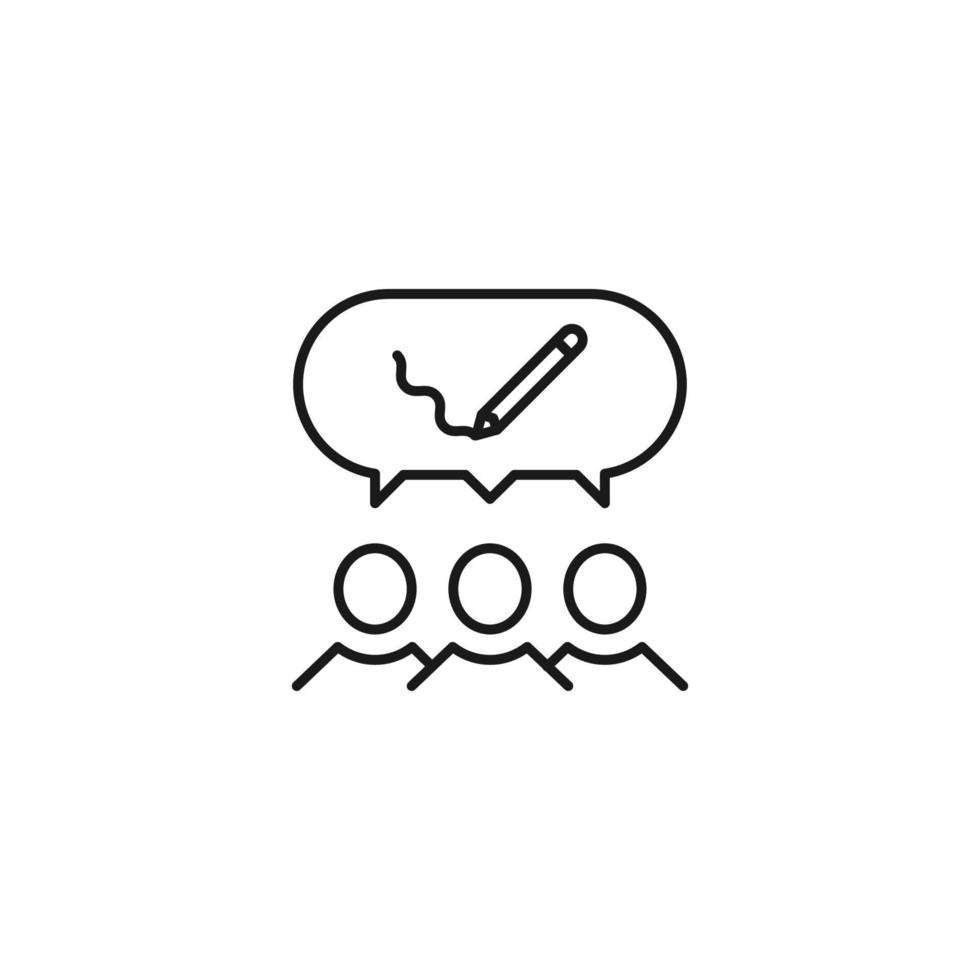People, staff, speech bubble concept. Vector line icon for web sites, stores, online courses etc. Sign of writing pencil inside of speech bubble over group of people