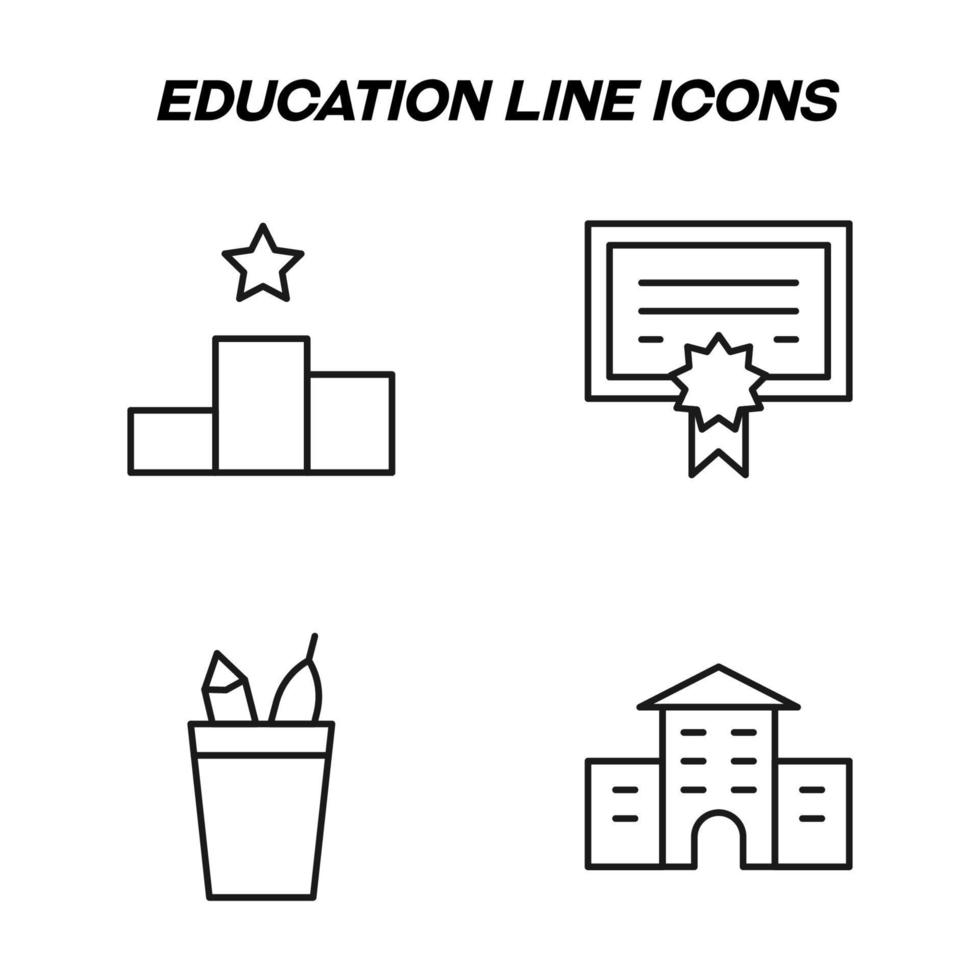 Monochrome isolated symbols drawn with black thin line. Perfect for stores, shops, adverts. Vector icon set with signs of progress line, diploma, school supplies, university