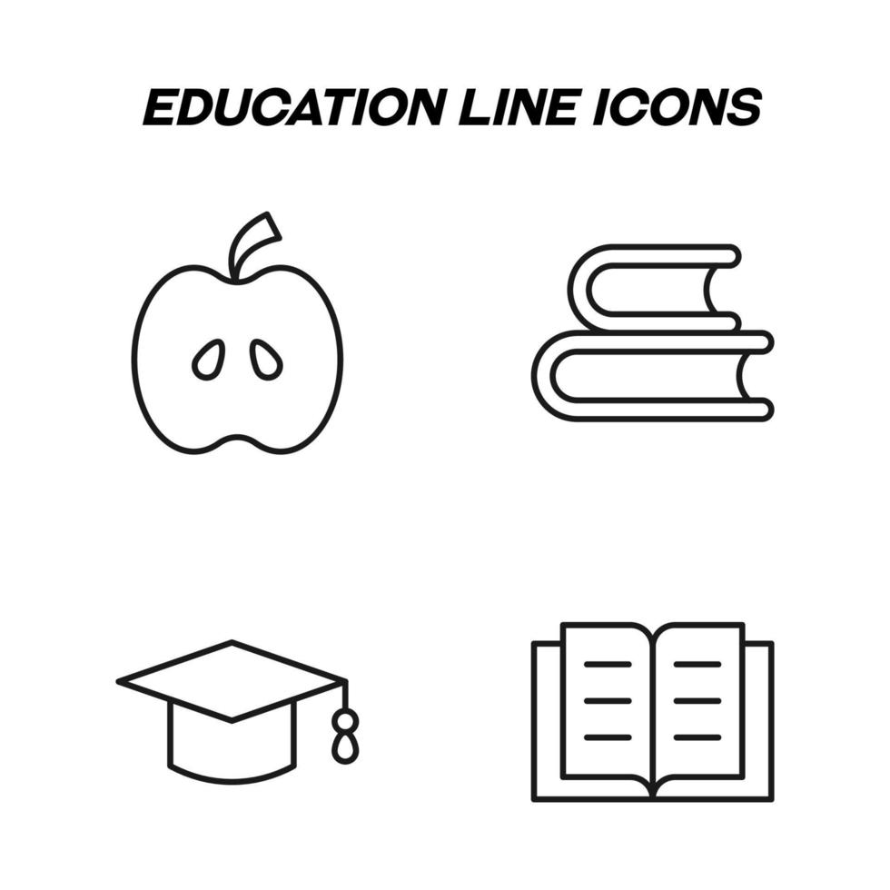 Monochrome isolated symbols drawn with black thin line. Perfect for stores, shops, adverts. Vector icon set with signs of apple, books and academic square cap