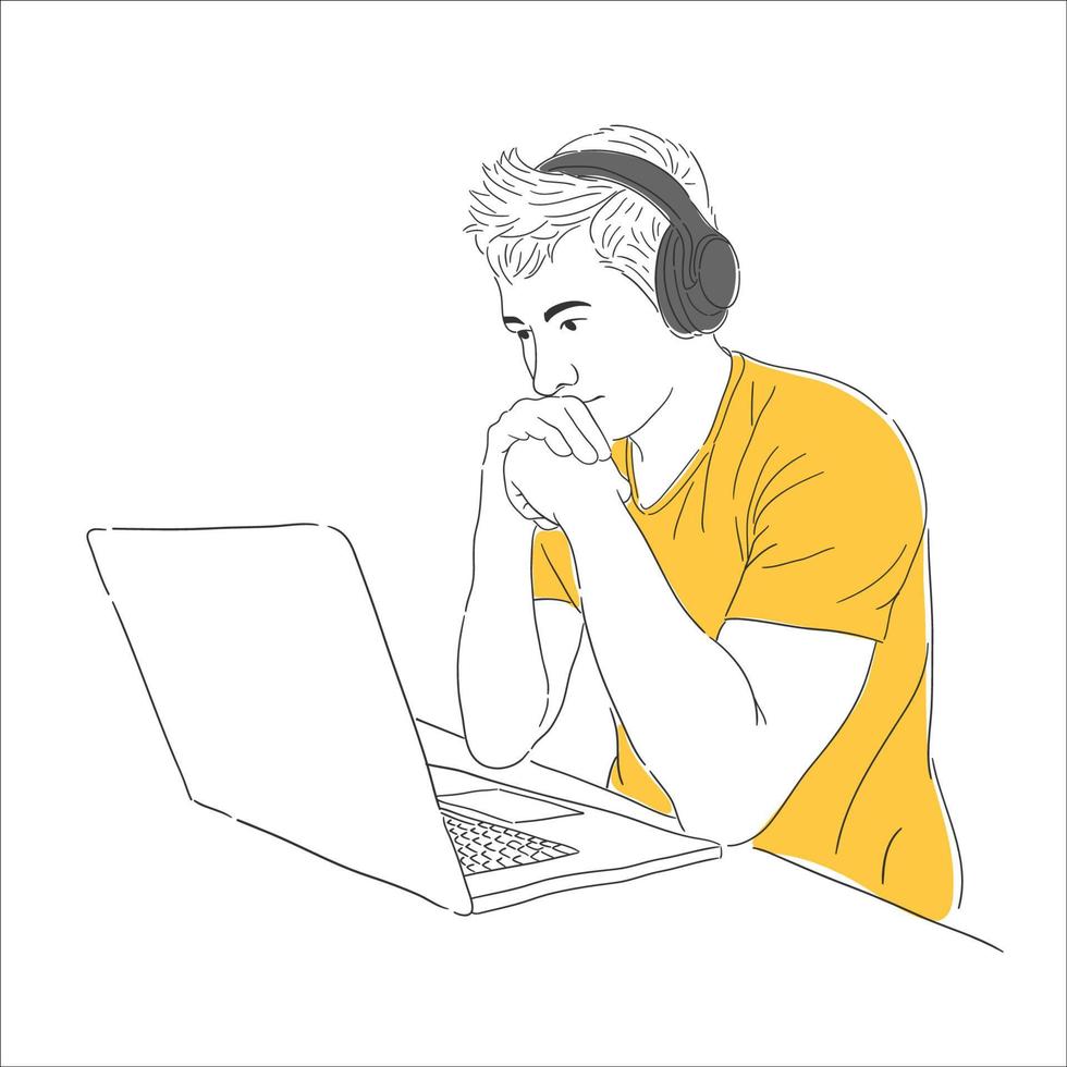 hand drawn person working with laptop illustration vector