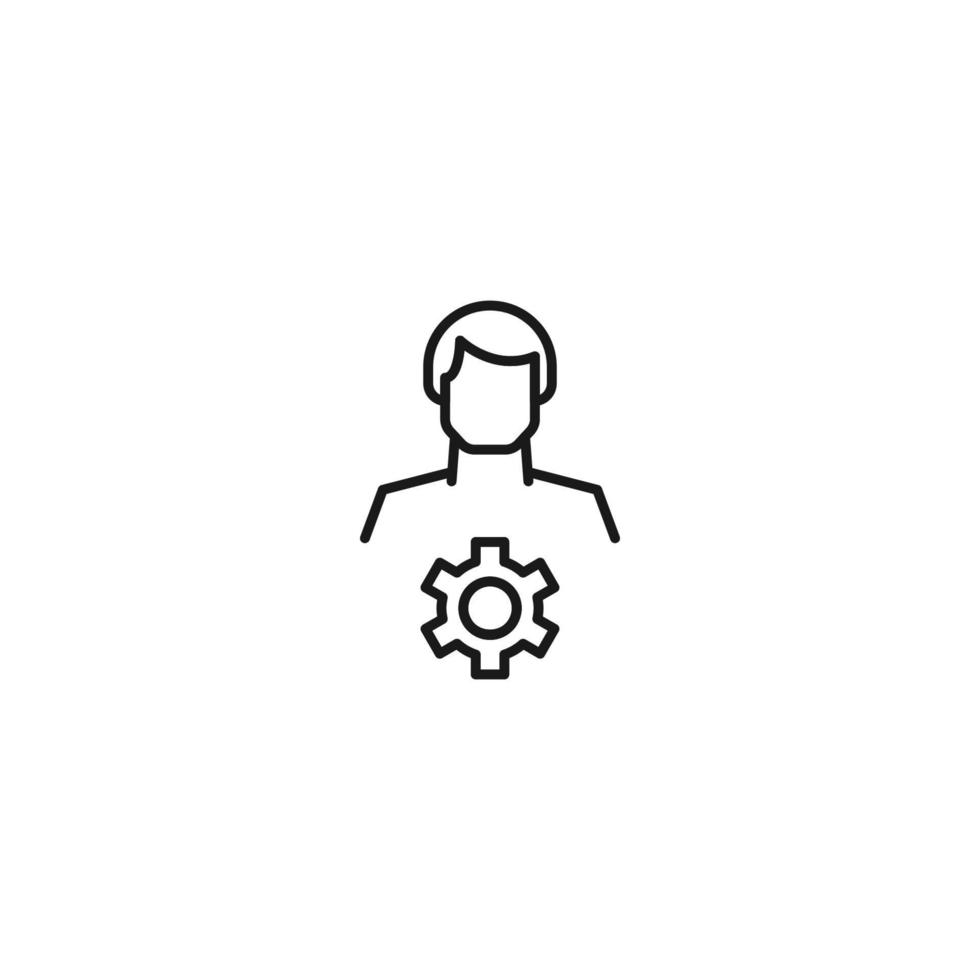 Monochrome sign drawn with black thin line. Modern vector symbol perfect for sites, apps, books, banners etc. Line icon of cogwheel or gear next to faceless man