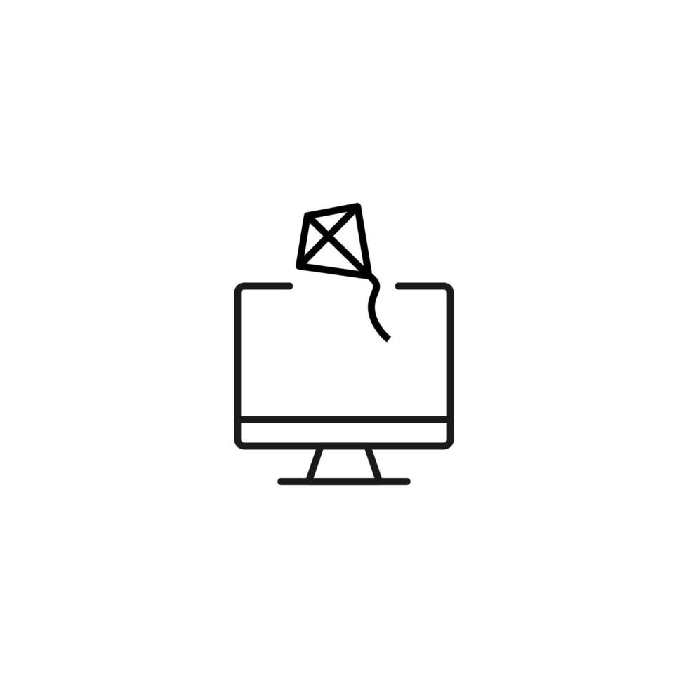 Item on pc monitor. Outline sign suitable for web sites, apps, stores etc. Editable stroke. Vector monochrome line icon of kite on computer monitor