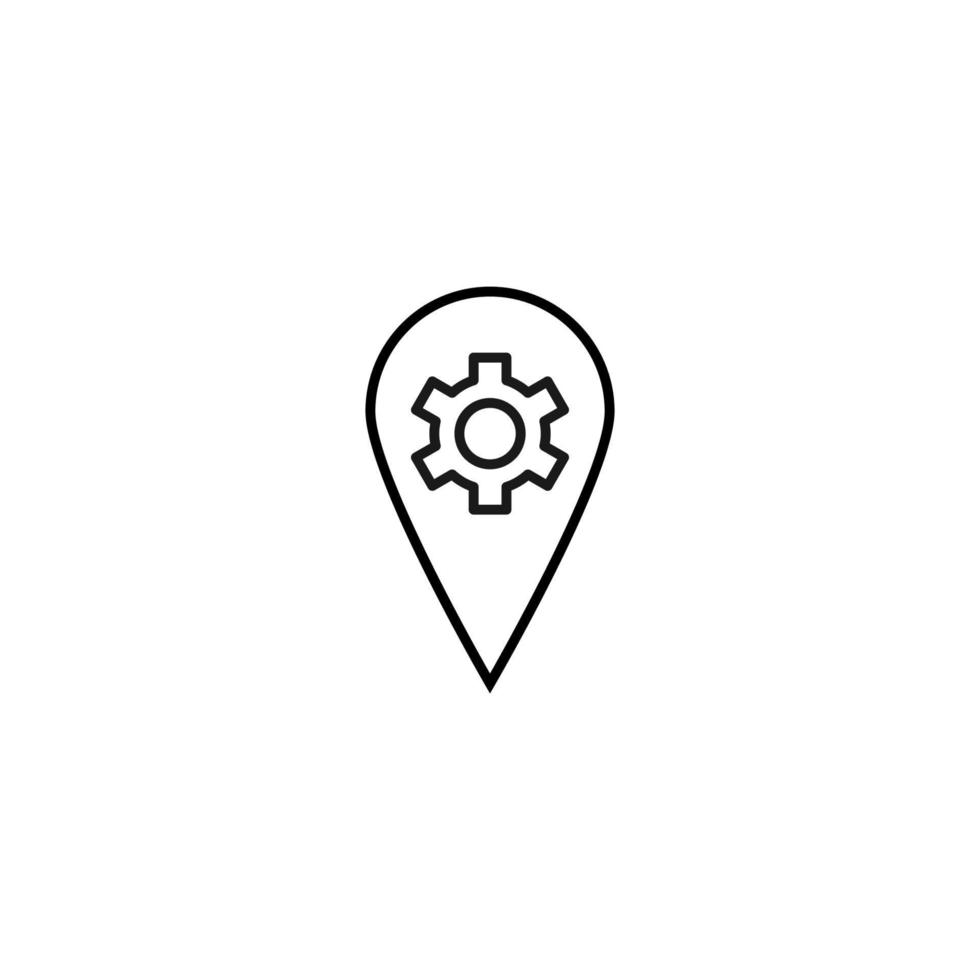 Vector symbol drawn with black thin line. Simple monochrome sign perfect for articles, books, stores, shops. Line icon of gear or cogwheel inside of geolocation sign