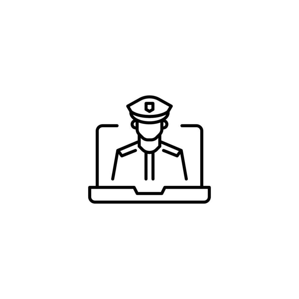 Simple black and white illustration drawn with thin line. Perfect for advertisement, internet shops, stores. Editable stroke. Vector line icon of pilot on laptop monitor