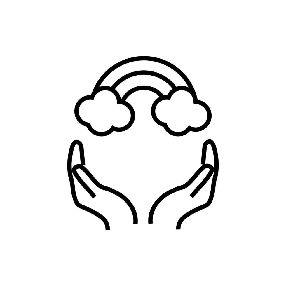Support, present and charity concept. Modern vector sign drawn with black thin line. Editable stroke. Vector line icon of rainbow over outstretched hands