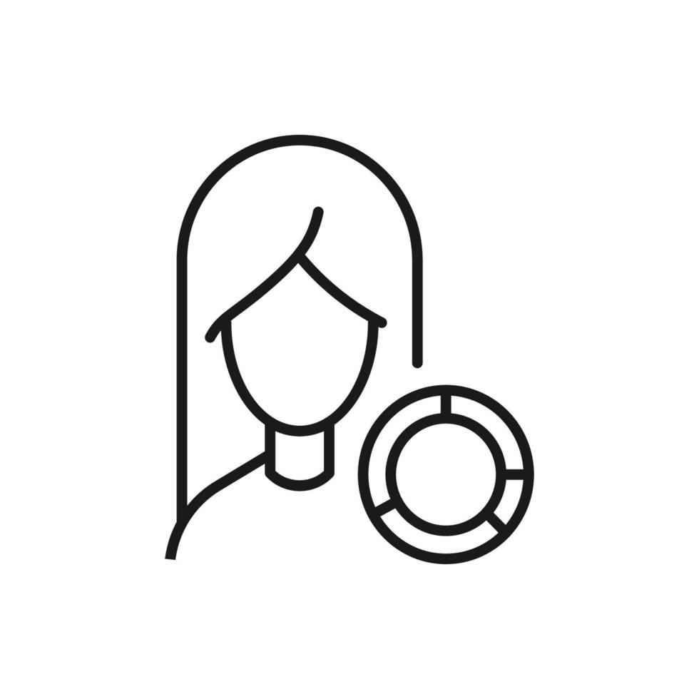 Profession, occupation, hobby of woman. Outline sign drawn with black thin line. Editable stroke. Vector monochrome line icon of pie chart by female