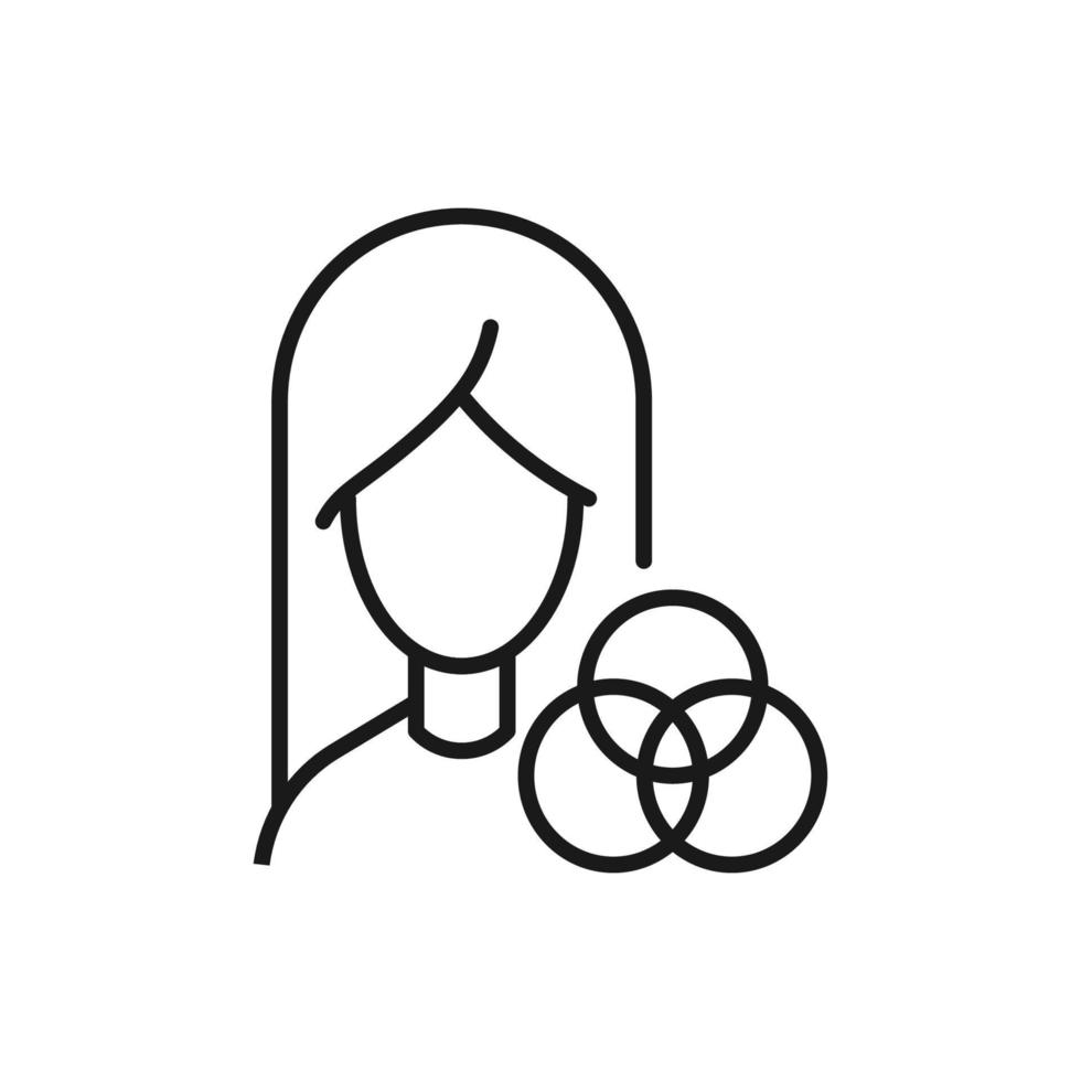 Profession, occupation, hobby of woman. Outline sign drawn with black thin line. Editable stroke. Vector monochrome line icon of intersected circles by female