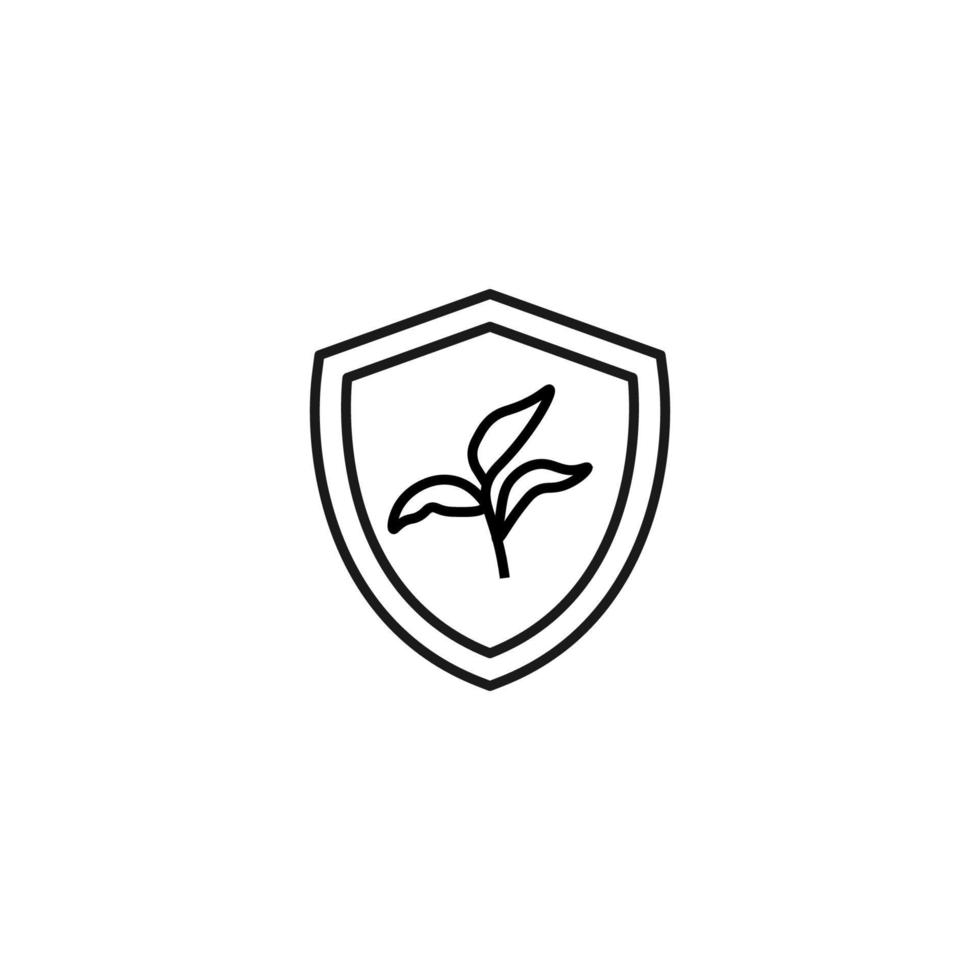 Shield, armor, protection sign. Minimalistic vector symbol drawn with black thin line. Suitable for adverts, stores, shops, books. Line icon of plant inside of armor or shield