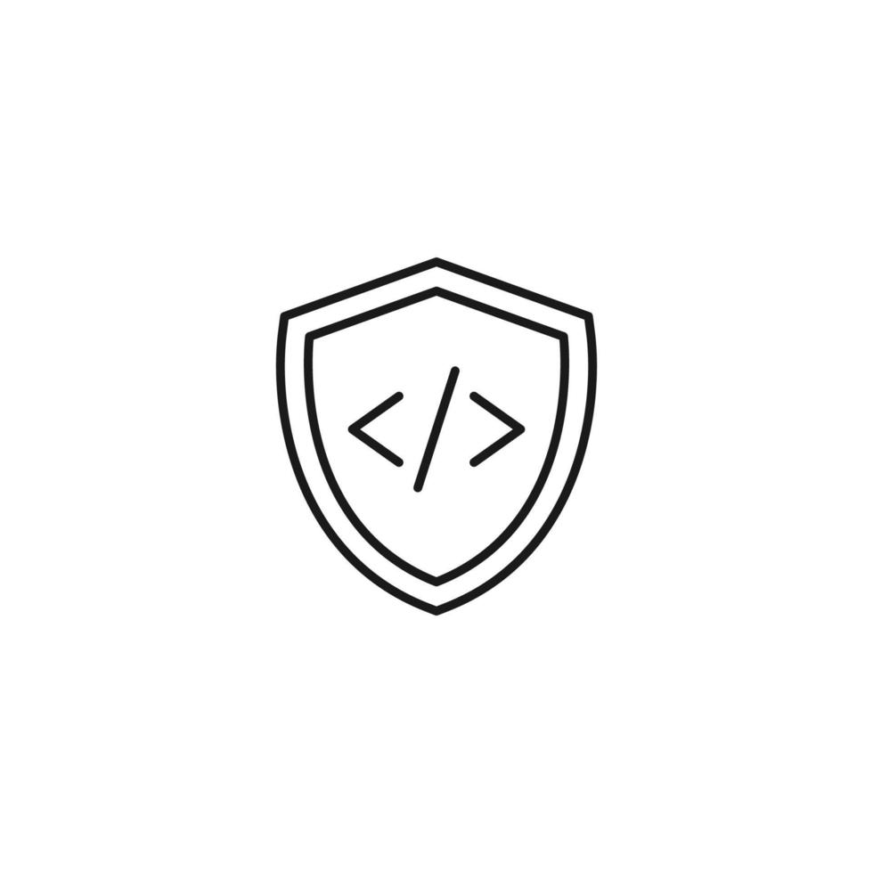 Shield, armor, protection sign. Minimalistic vector symbol drawn with black thin line. Suitable for adverts, stores, shops, books. Line icon of program code inside of armor or shield