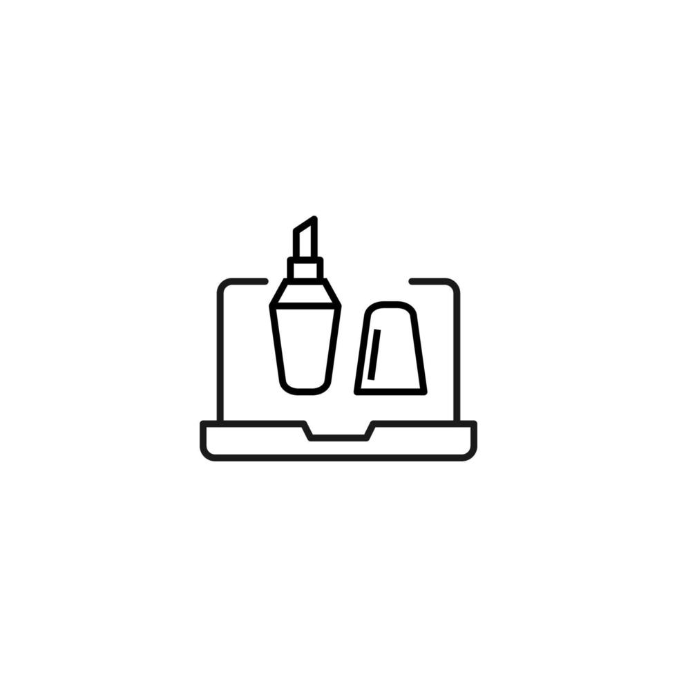 Simple black and white illustration drawn with thin line. Perfect for advertisement, internet shops, stores. Editable stroke. Vector line icon of lipstick on laptop monitor