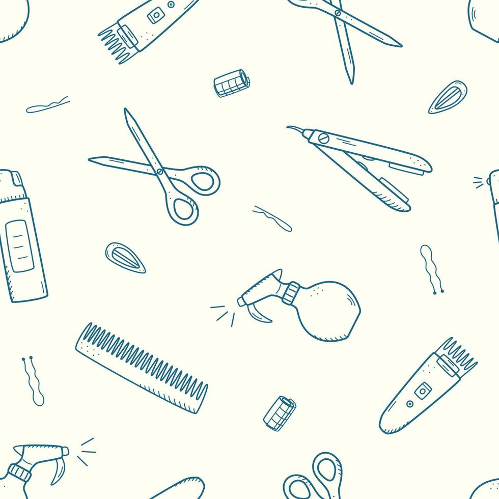 conjunto de elementos de peluquería, patrones sin fisuras de iconos de garabatos para el cuidado del cabello. fondo de pantalla de ilustración vectorial vector