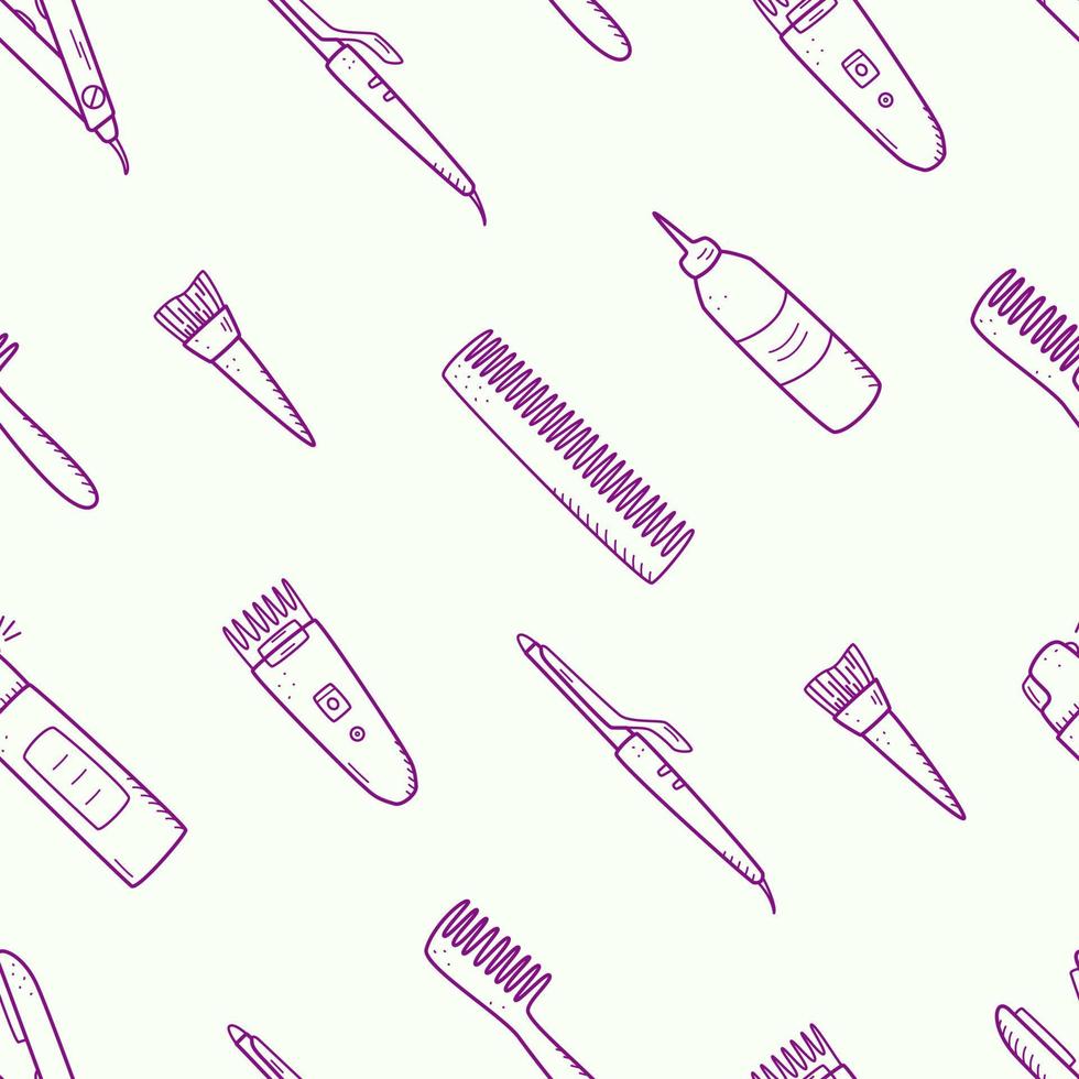 Set of hairdressing elements, seamless pattern of doodle icons for hair care. Vector illustration background wallpaper