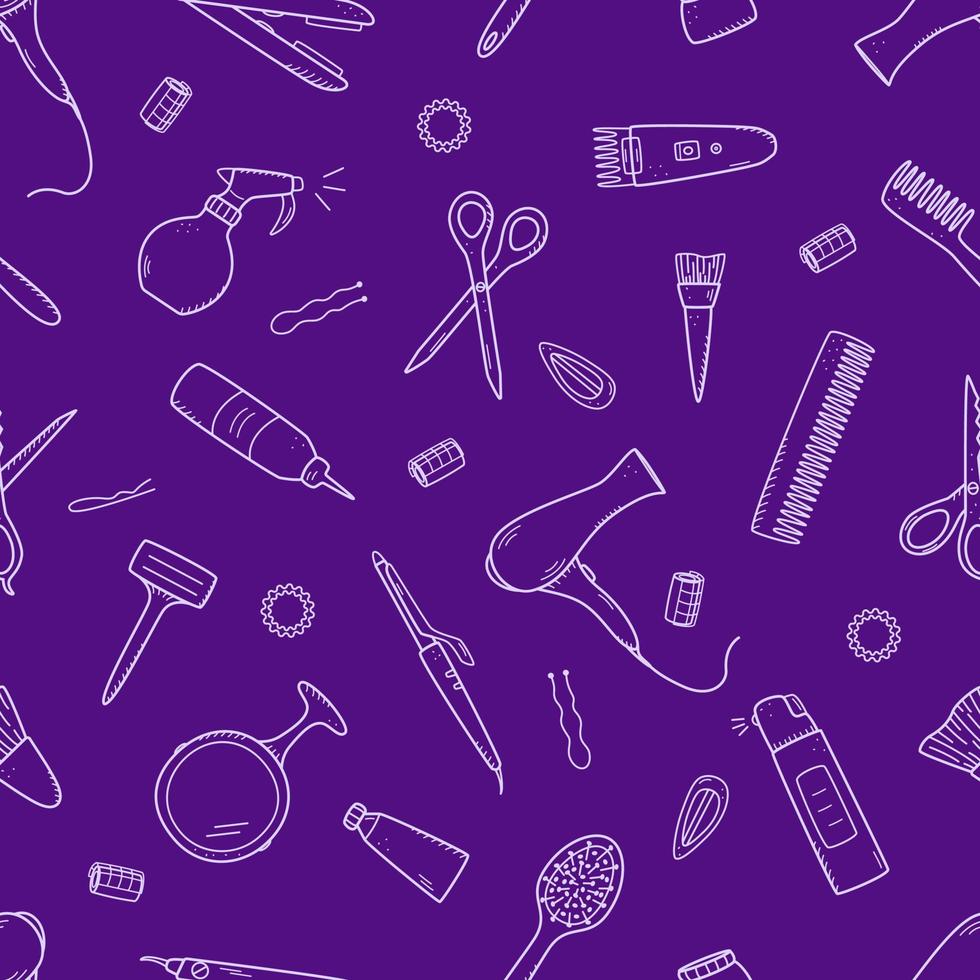 Set of hairdressing elements, seamless pattern of doodle icons for hair
