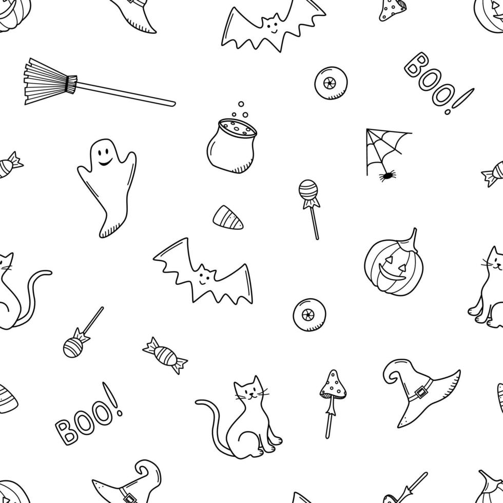 Seamless Pattern Cartoon set of Halloween icons, vector doodle illustration, holiday elements day of the dead