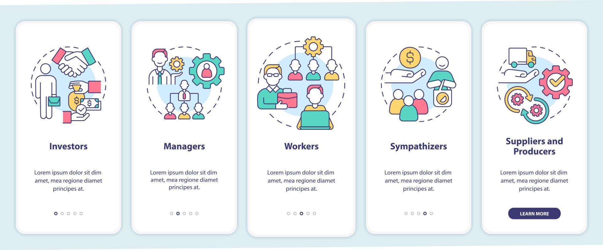 Categories of members onboarding mobile app screen. Business cooperatives walkthrough 5 steps graphic instructions pages with linear concepts. UI, UX, GUI template. vector