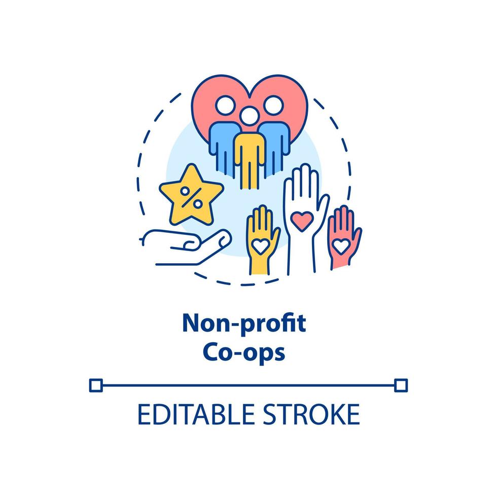 Non-profit co-ops concept icon. Nonprofit organization members abstract idea thin line illustration. Charitable purpose. Isolated outline drawing. Editable stroke. vector