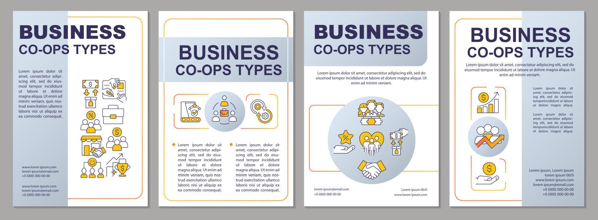 plantilla de folleto gris de tipos de cooperativas de negocios. socios corporativos. diseño de folletos con iconos lineales. 4 diseños vectoriales para presentación, informes anuales. vector