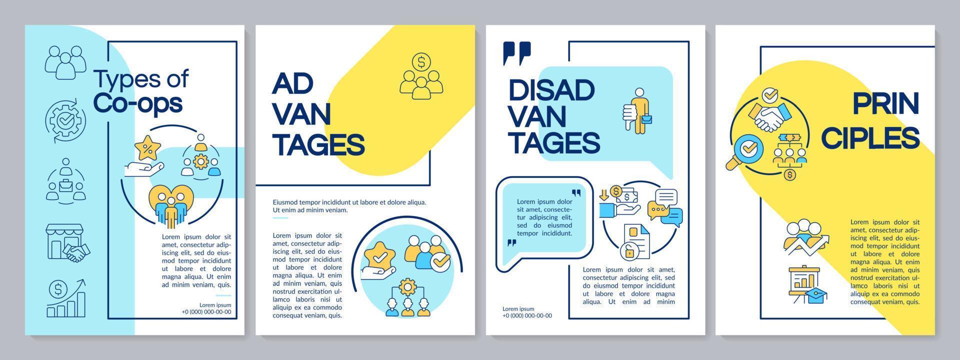 Business co-ops blue and yellow brochure template. Partnership work. Leaflet design with linear icons. 4 vector layouts for presentation, annual reports.