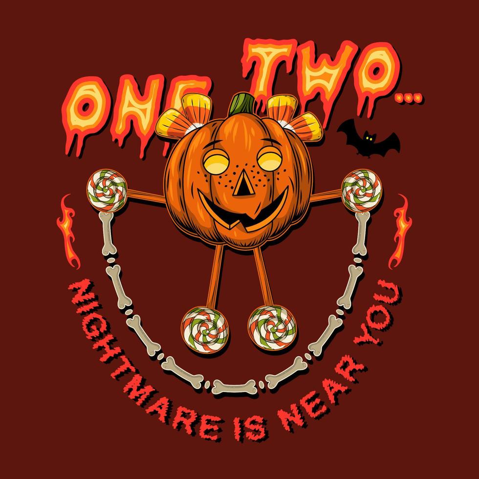Funny vintage emblem with counting rhyme, candy, bat, pumpkin head like mischievous little girl with freckles. Girl jumping with a skipping rope. Text Nightmare is near you. Red background vector