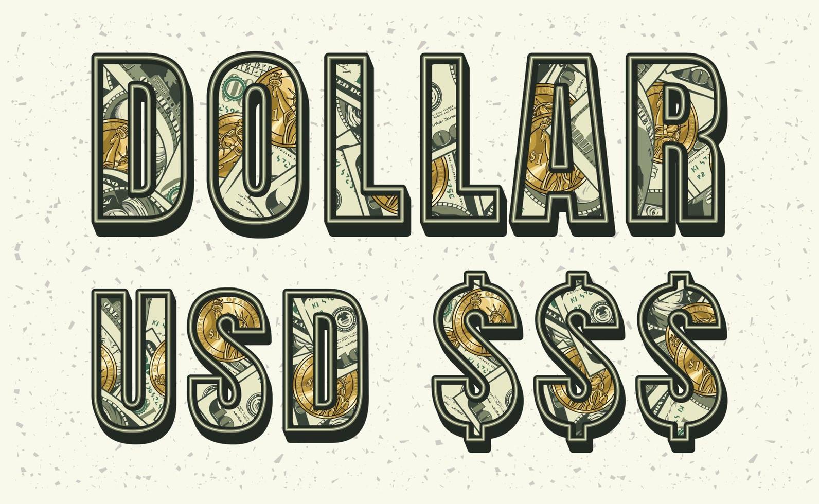 Set of words Dollar, USD with 100 US dollar bills and gold one dollar