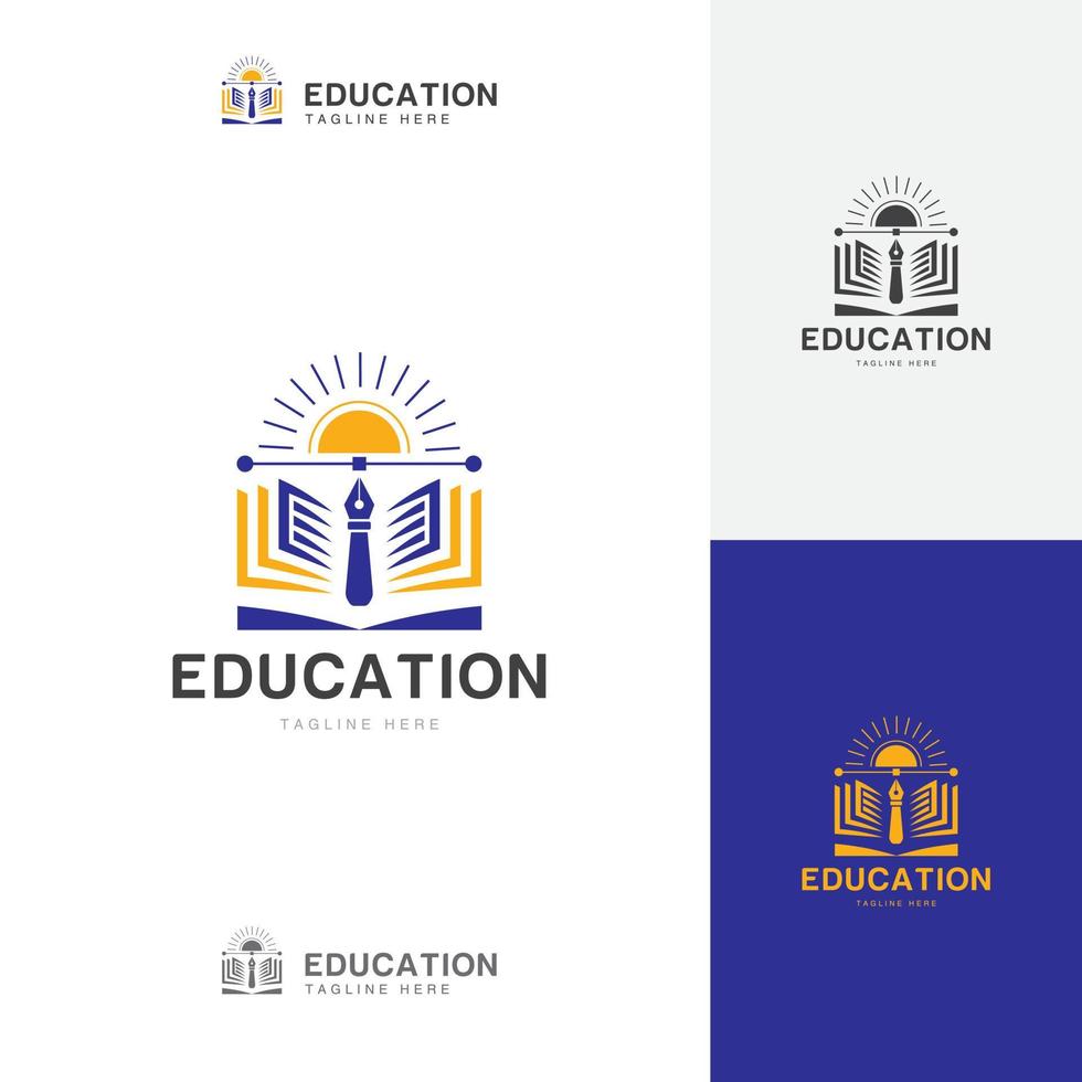 libros de combinación pictórica de educación, pluma, plantilla de logotipo de sol vector