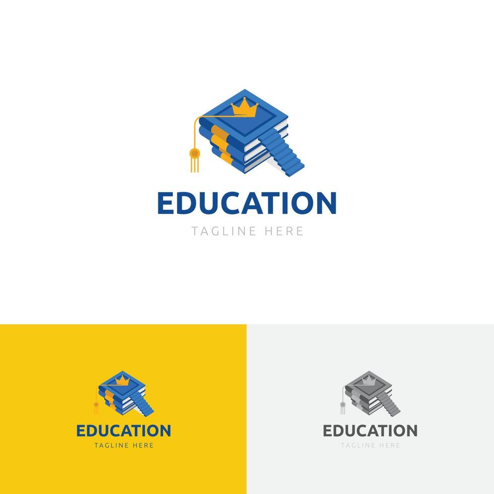 combinación de logotipo pictórico de educación logotipo de plantilla de sombrero de graduación, libros y escaleras vector