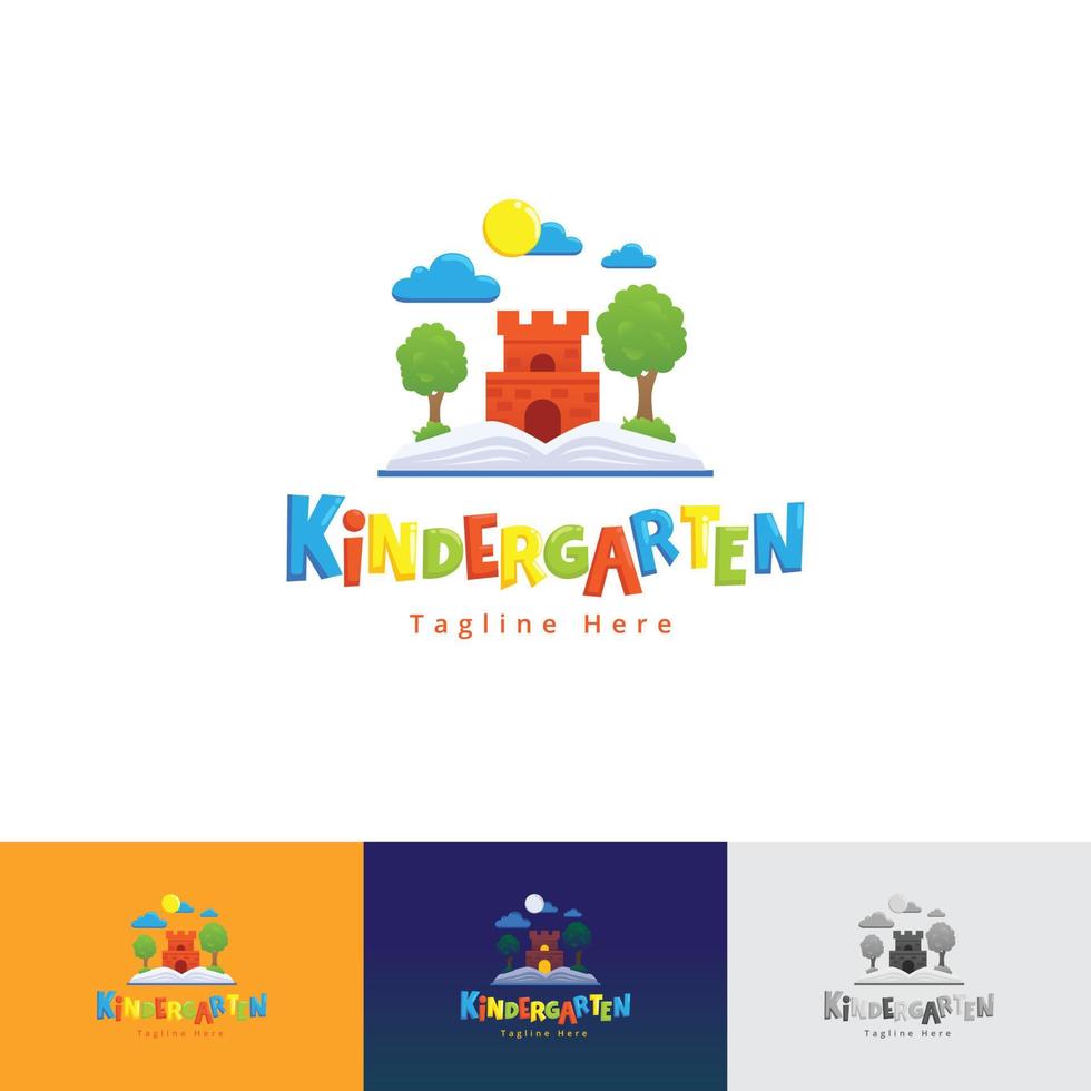 plantilla de logotipo de color de diversión de castillo de combinación de libros de jardín de infancia para niños vector