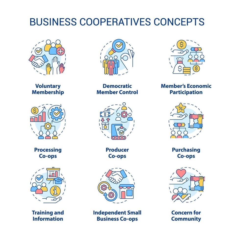 conjunto de iconos de concepto de cooperativas empresariales. ideas de trabajo cooperativo ilustraciones en color de línea delgada. membresía voluntaria. símbolos aislados. trazo editable. vector