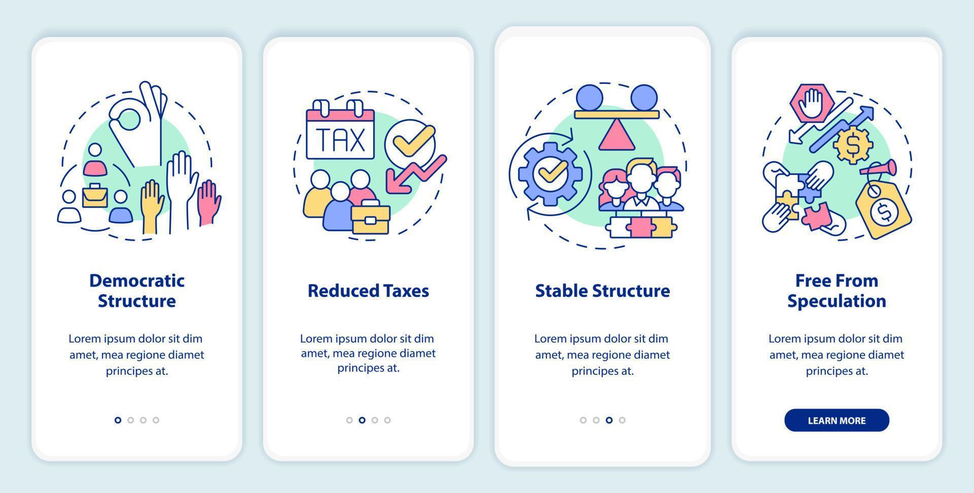 Advantages of co-ops onboarding mobile app screen. Membership walkthrough 4 steps graphic instructions pages with linear concepts. UI, UX, GUI template. vector