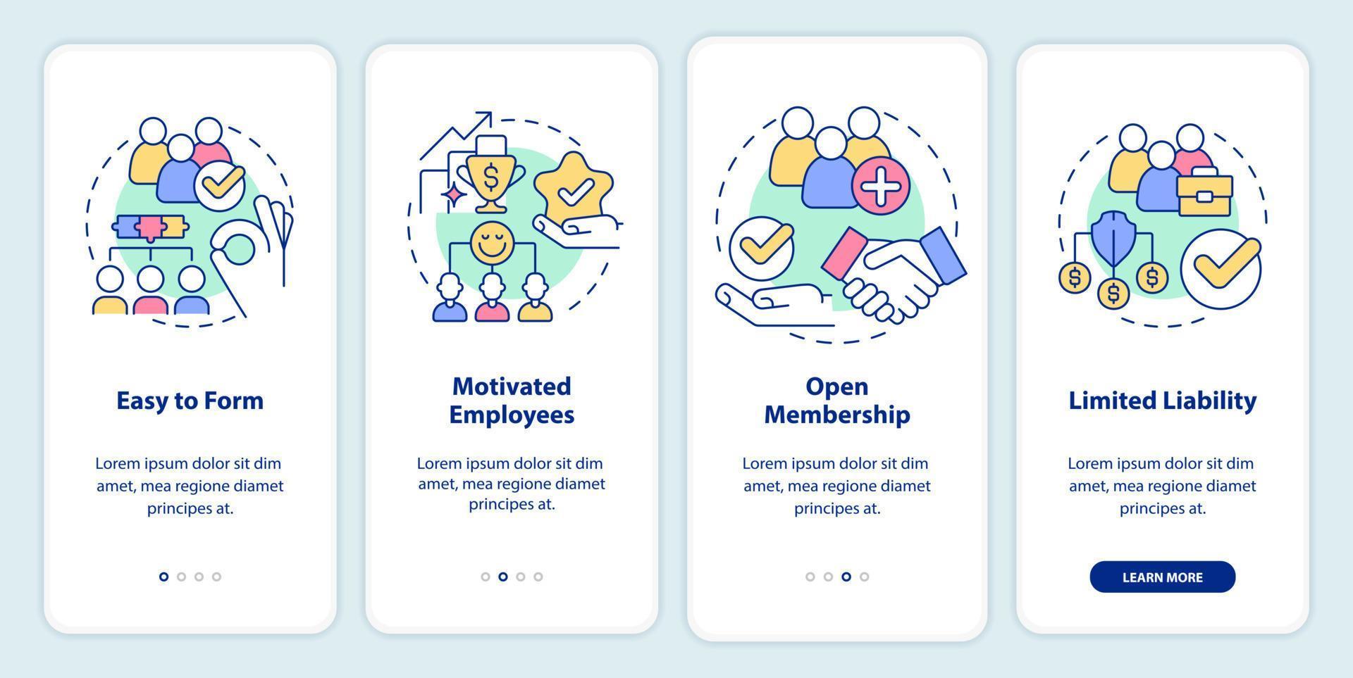 Benefits of co-ops onboarding mobile app screen. Partnership walkthrough 4 steps graphic instructions pages with linear concepts. UI, UX, GUI template. vector