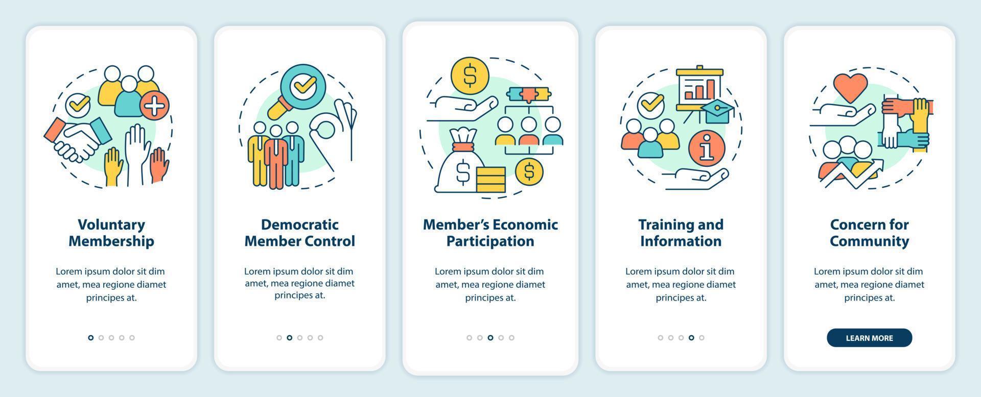 Cooperative principles onboarding mobile app screen. Business walkthrough 5 steps graphic instructions pages with linear concepts. UI, UX, GUI template. vector
