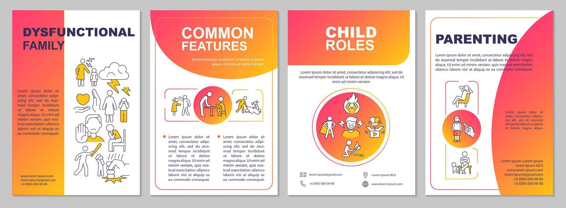 Dysfunctional families red gradient brochure template. Problems, abuse. Leaflet design with linear icons. 4 vector layouts for presentation, annual reports.