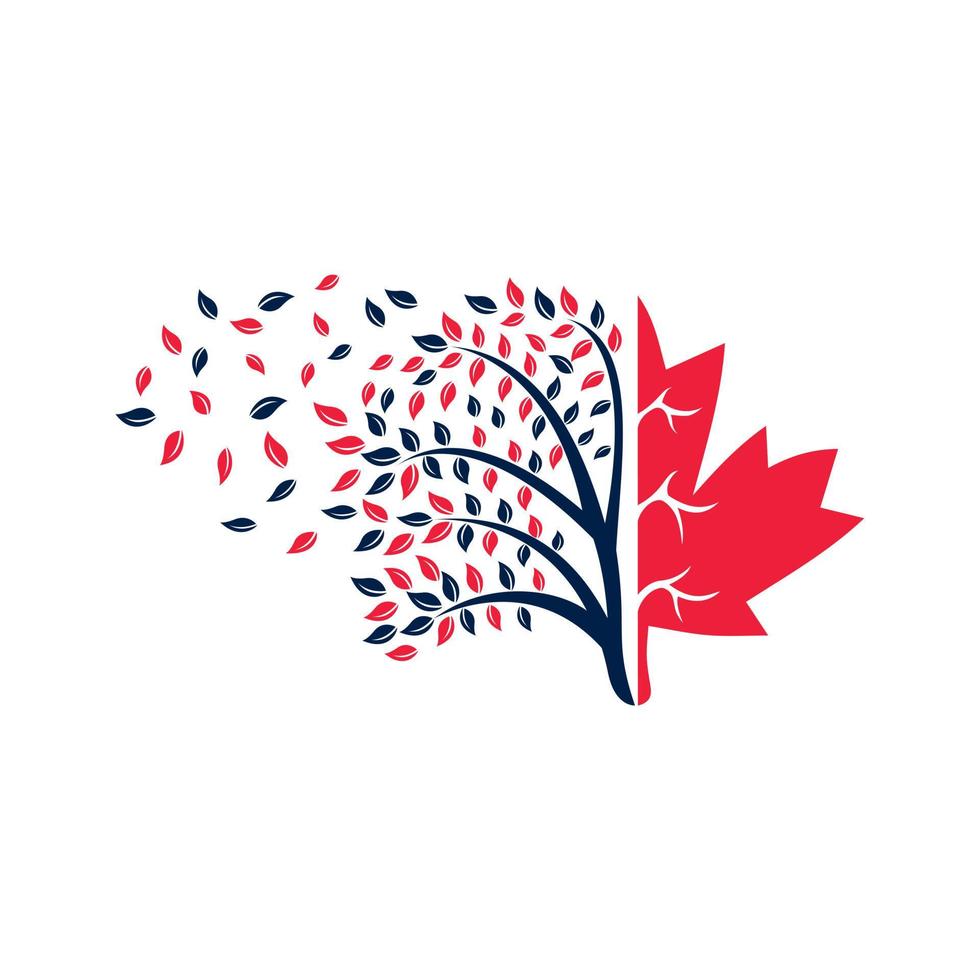 Blowing tree and maple leafs logo design. Canada business sign. vector