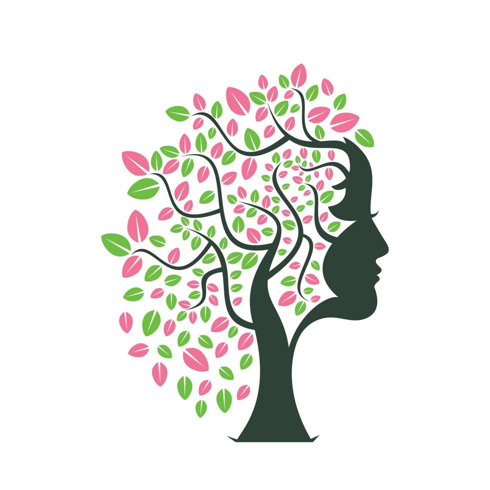 Woman Tree Spa Vector Template Design. Beauty Woman Face Leaf Vector Design.