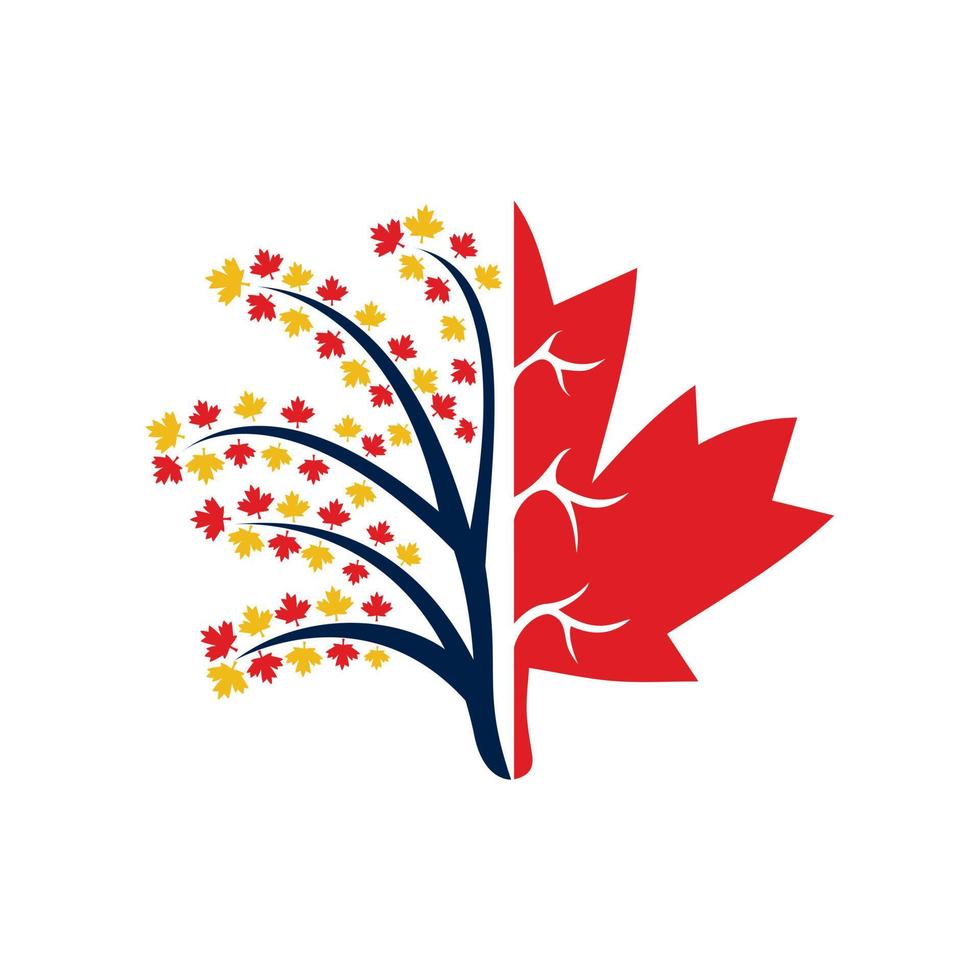 Blowing tree and maple leafs logo design. Canada business sign. vector