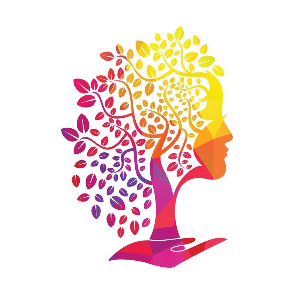 Woman Tree in Hand Vector Template Design. Beauty Spa Woman Leaf Hair Vector Design.