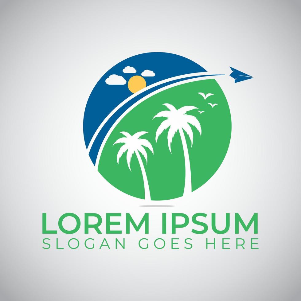 Summer Travel Logo Icon Vector Template. Palm Tree And Airplane Vector Design.