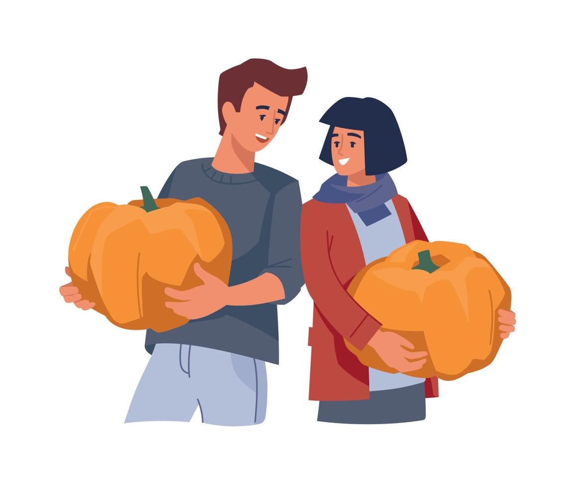 Autumn fair. Man and woman with pumpkins. Vector image.