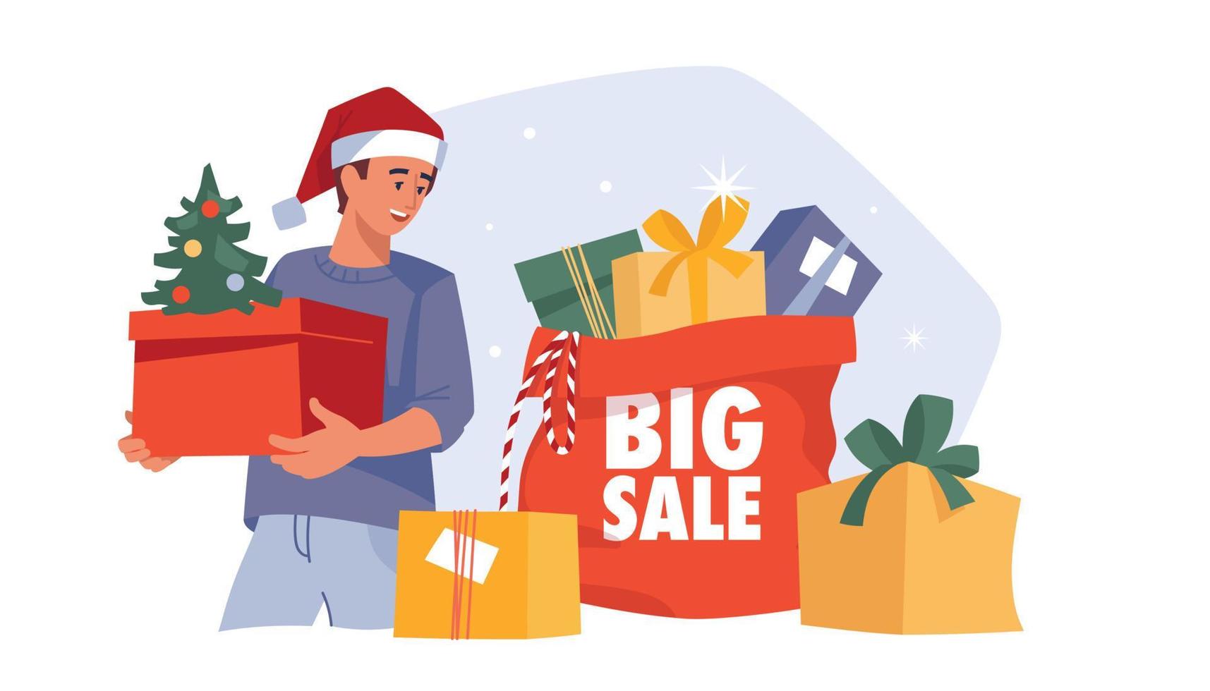 People with gifts. Man with a gift box  and gift bag. Christmas sale. Preparing for Christmas. Vector image.