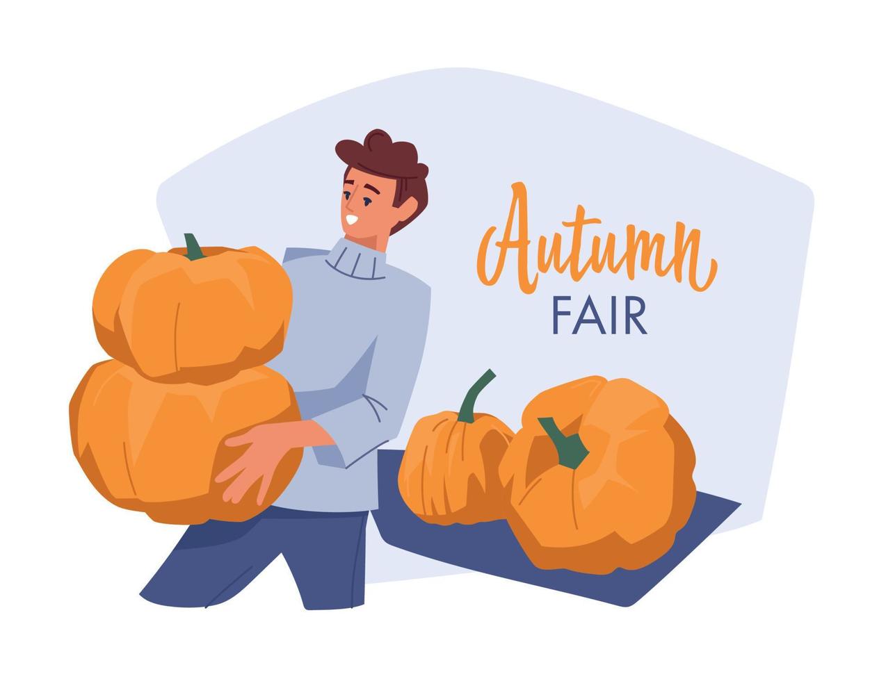 Autumn fair. Man with pumpkins. Vector image.