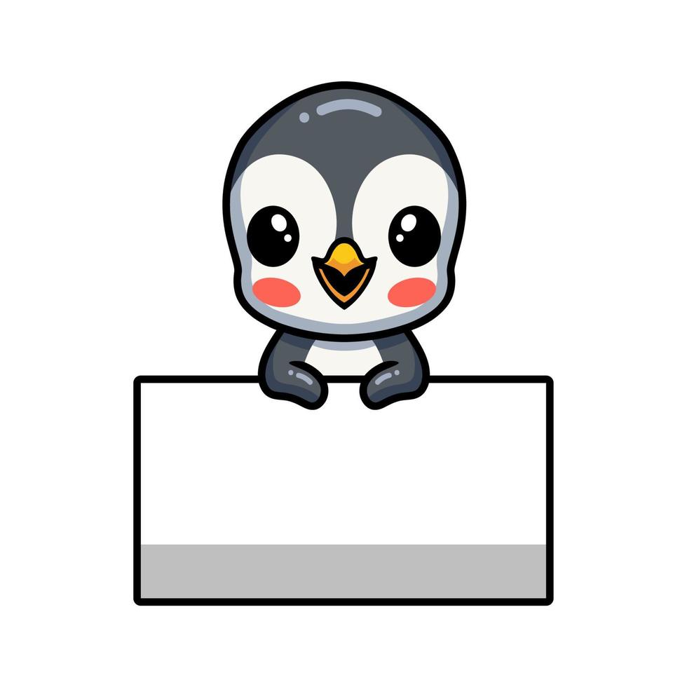 lindo pequeño pingüino de dibujos animados con signo en blanco vector