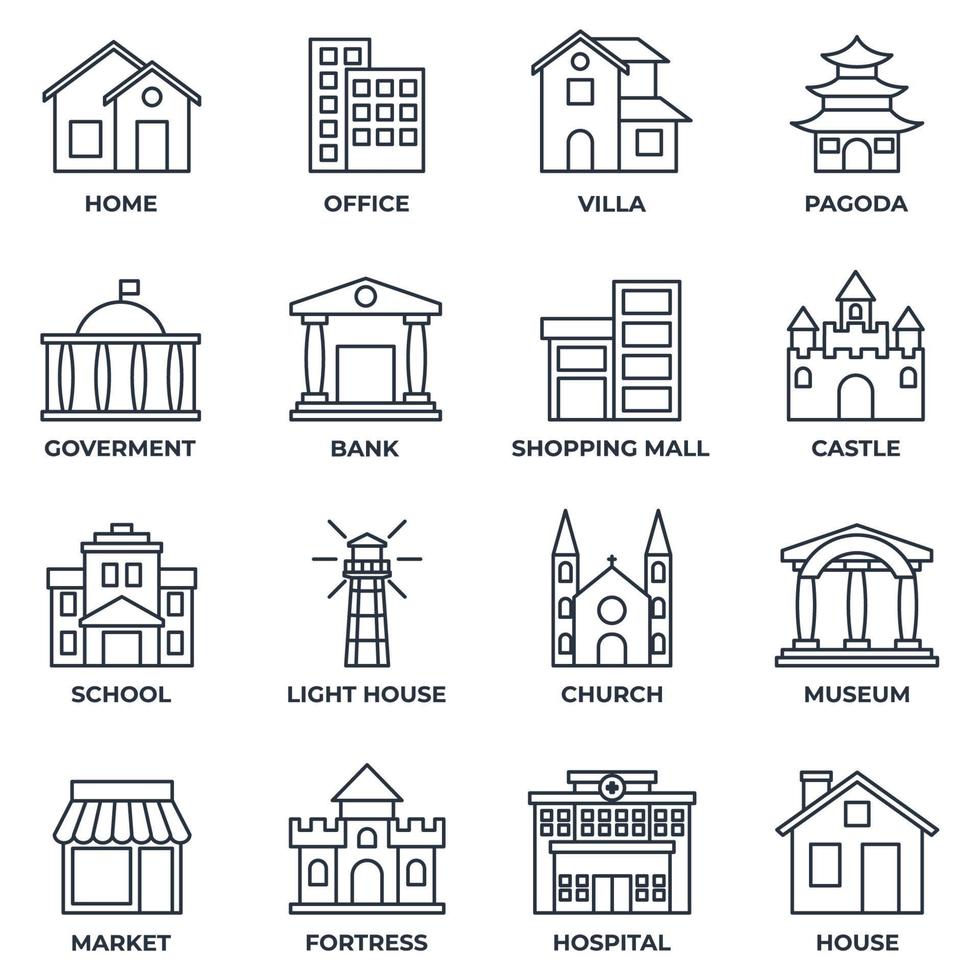 conjunto de ilustración de vector de logotipo de icono de edificio. banco, centro comercial, castillo, fortaleza, hospital, casa y más plantilla de símbolo de paquete para la colección de diseño gráfico y web